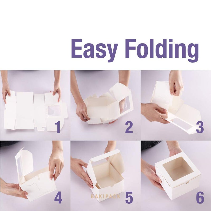 BAKIPACK 25 White Bakery Boxes with Window 5x5x3.5 Inches, Dessert Boxes to Go with Window, Treat Boxes for Small Bakery, Dessert, Candy, Cookies, Pastry, Party Favors, Wedding Cake - Image 4